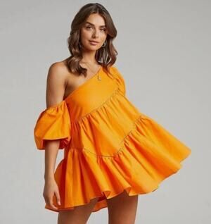 Showpo Harleen Linen Asymmetrical Trim Puff Sleeve Dress In Orange Size 4